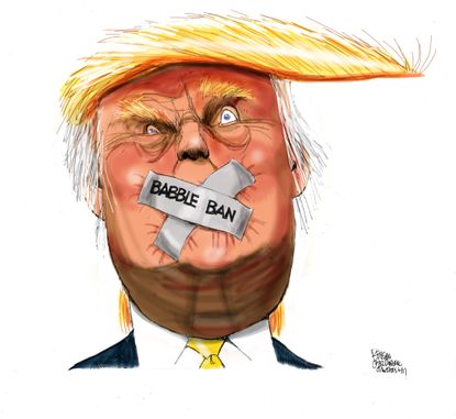 Political cartoon U.S. Trump tweets travel ban