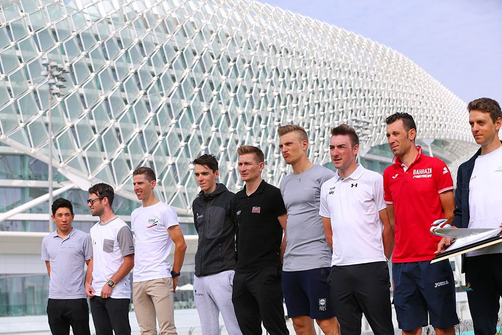 The 14 big-name riders line up for the official Abu Dhabi Tour photo