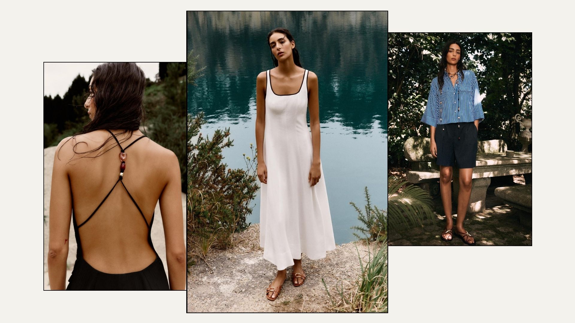 Woman wears bead strap dress; woman wears white dress with black piping; woman wears striped shirt and black shorts
