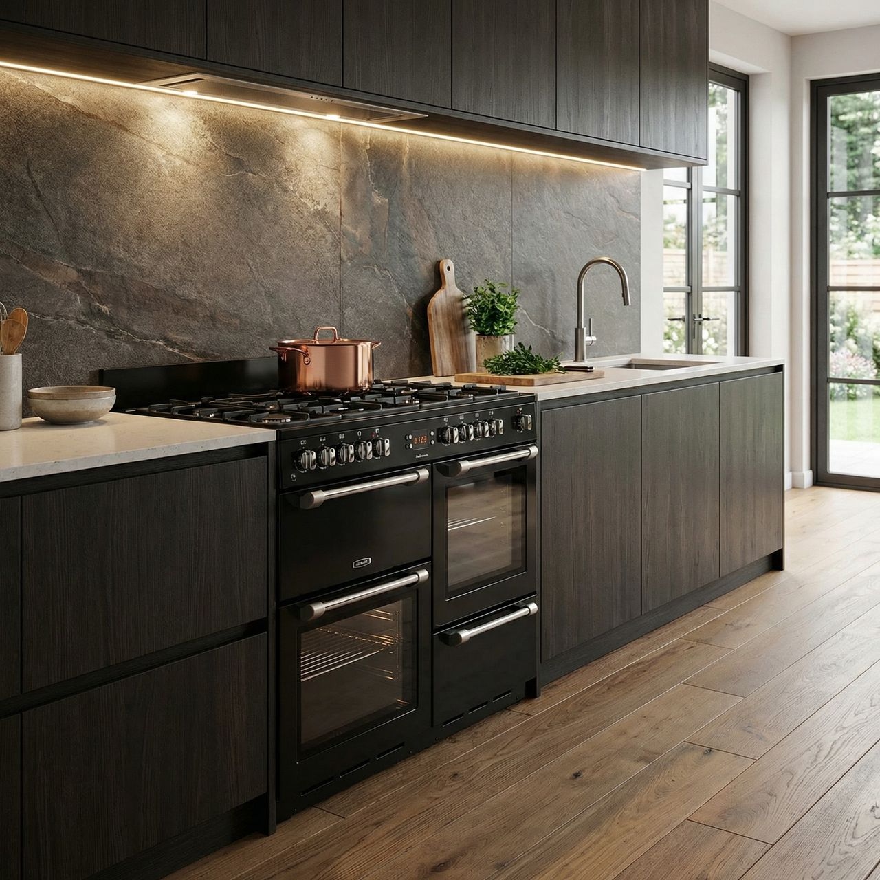 LEISURE Cookmaster CK110F232C Dual Fuel Range Cooker in a dark kitchen