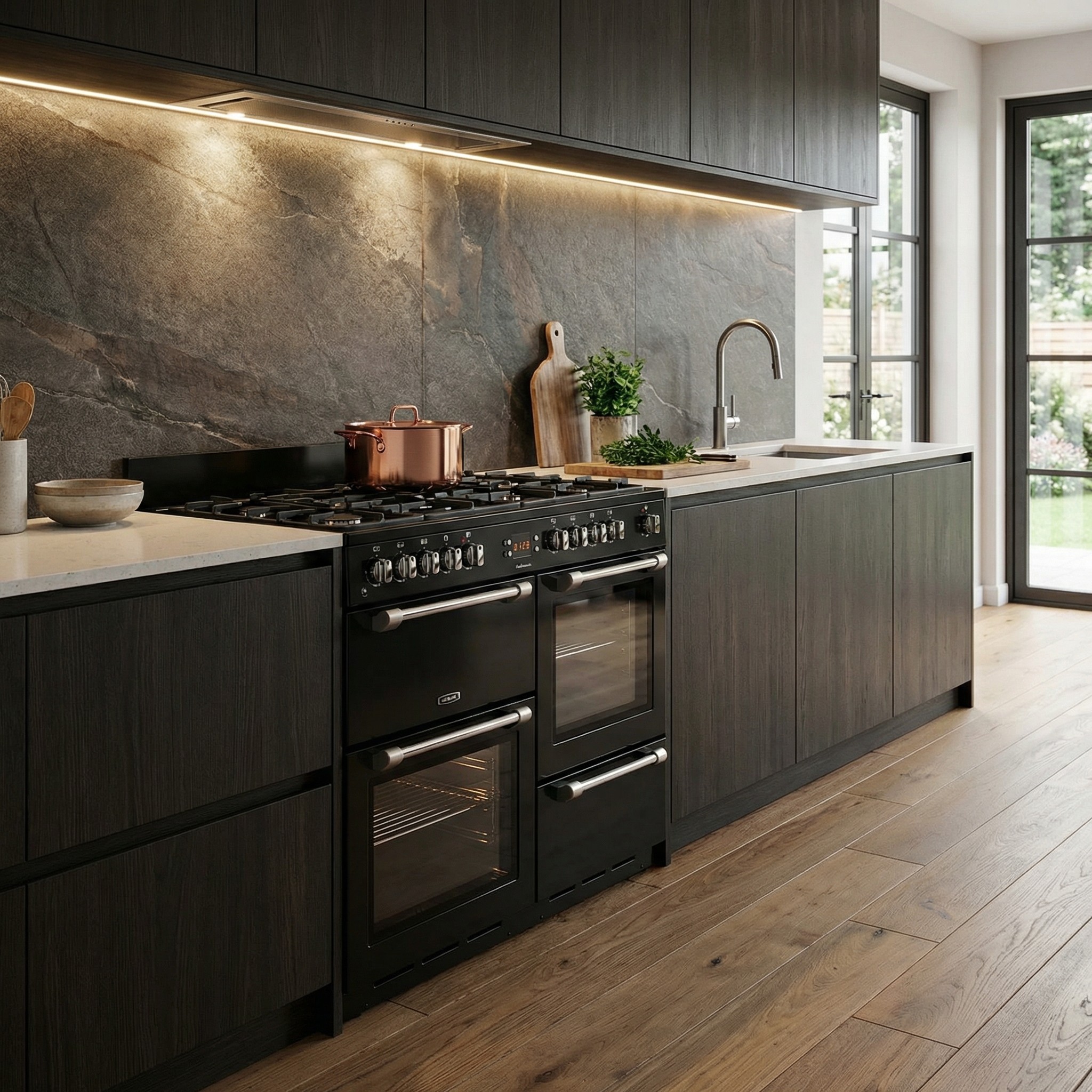 LEISURE Cookmaster CK110F232C Dual Fuel Range Cooker in a dark kitchen