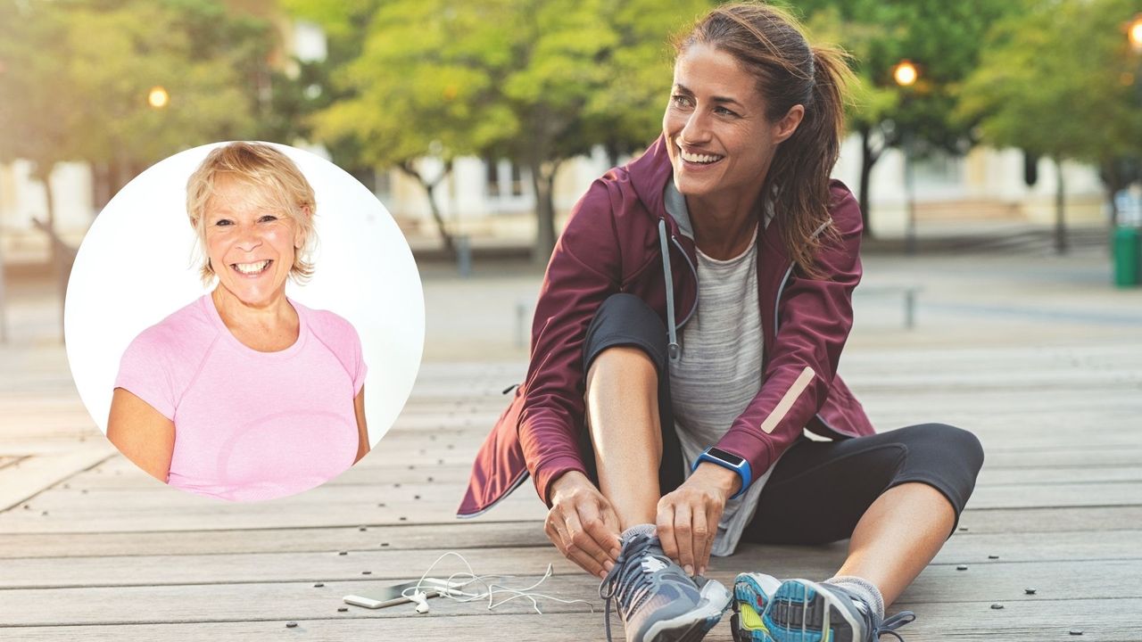 Fitness columnist Annie Deadman smiles, beside a photo of a woman wearing running clothing, tying her shoelaces