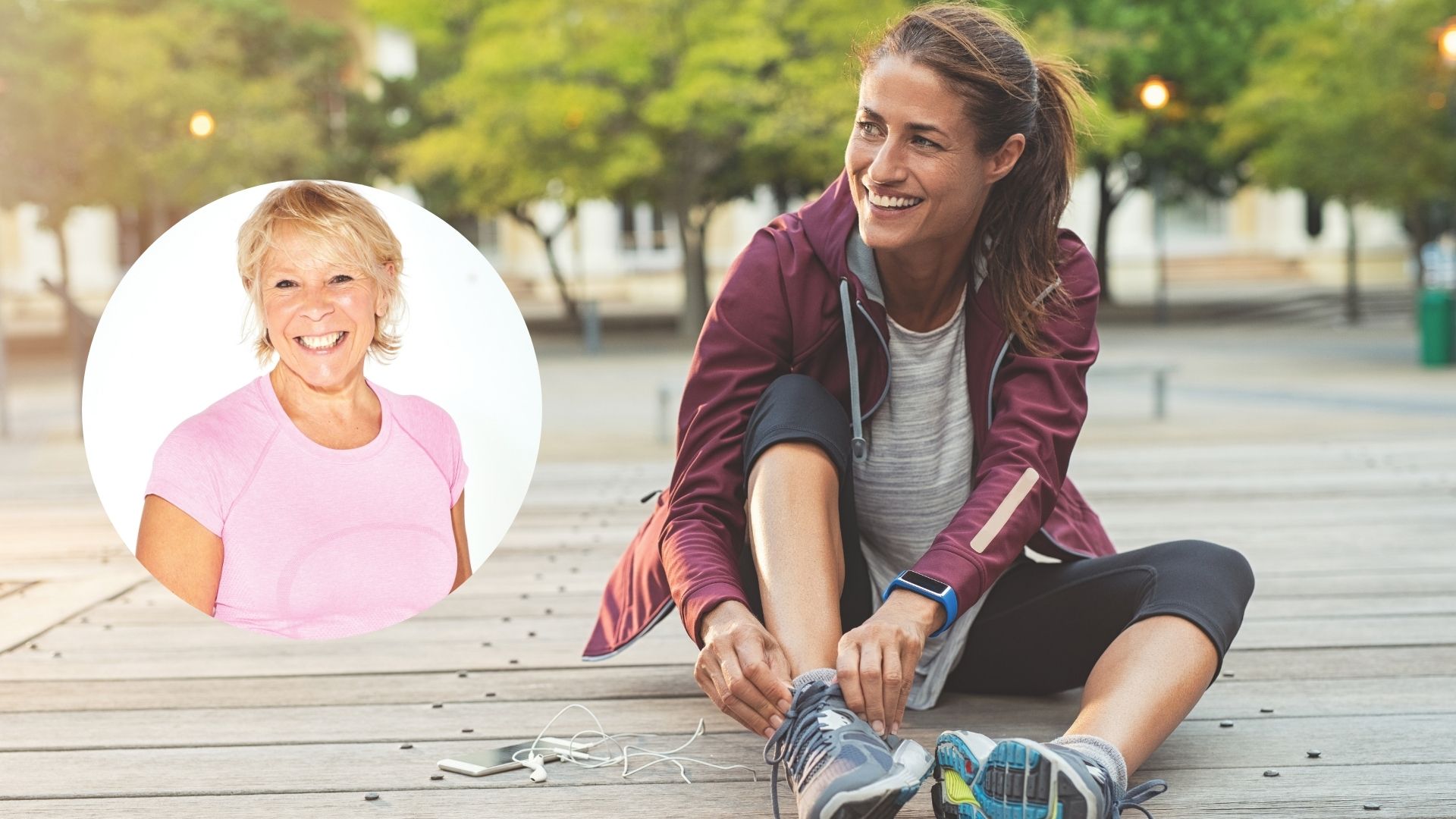 Fitness columnist Annie Deadman smiles, beside a photo of a woman wearing running clothing, tying her shoelaces