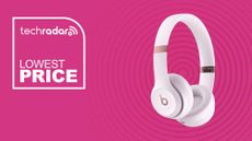 Beats Solo 4 in light pink on magenta background with lowest price sign