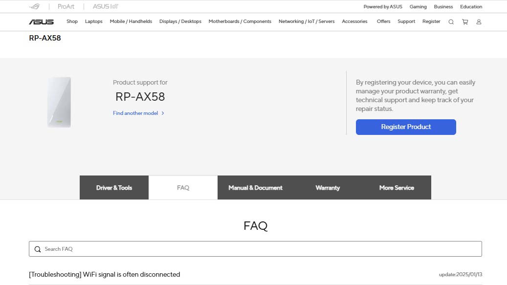 A screenshot from the Asus RP-AX58 Wi-Fi 6 extender support page.