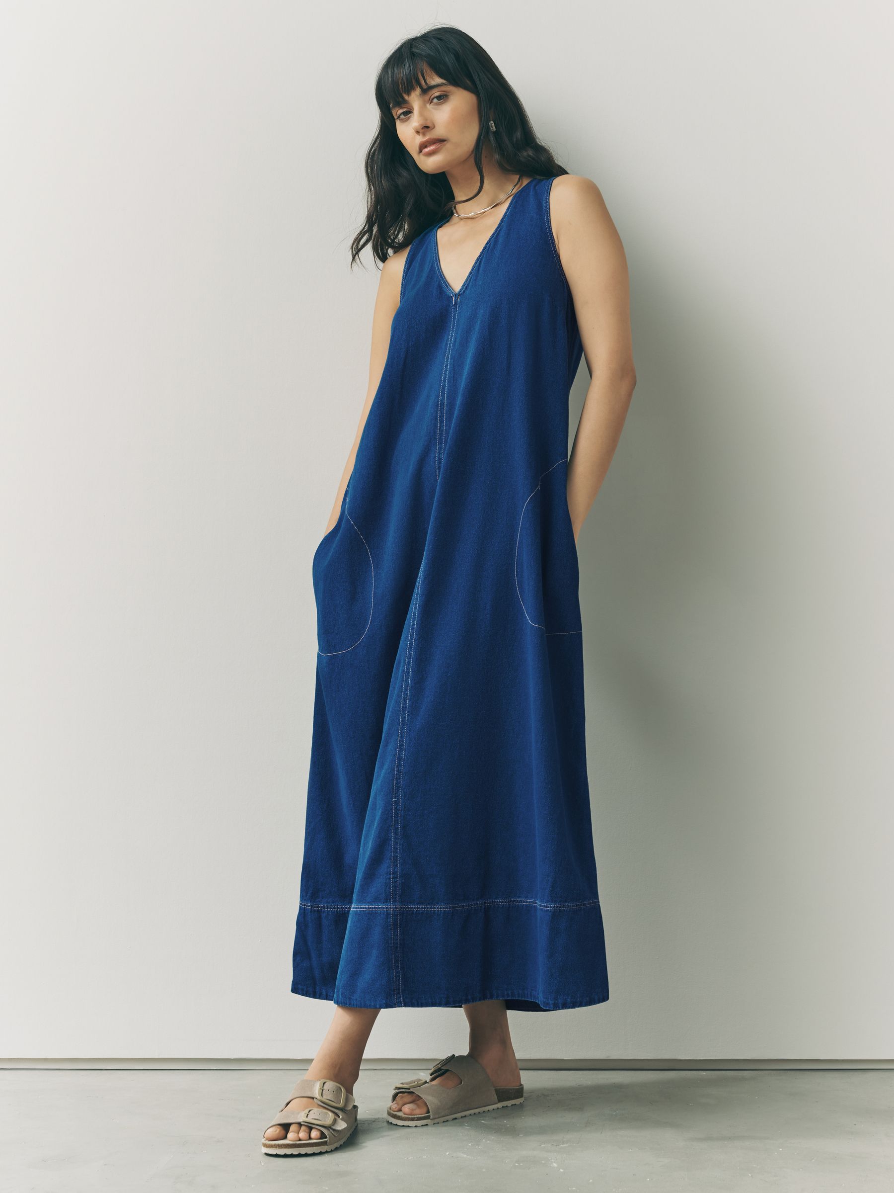 Mid Blue Denim V-Neck Sleeveless Maxi Dress
