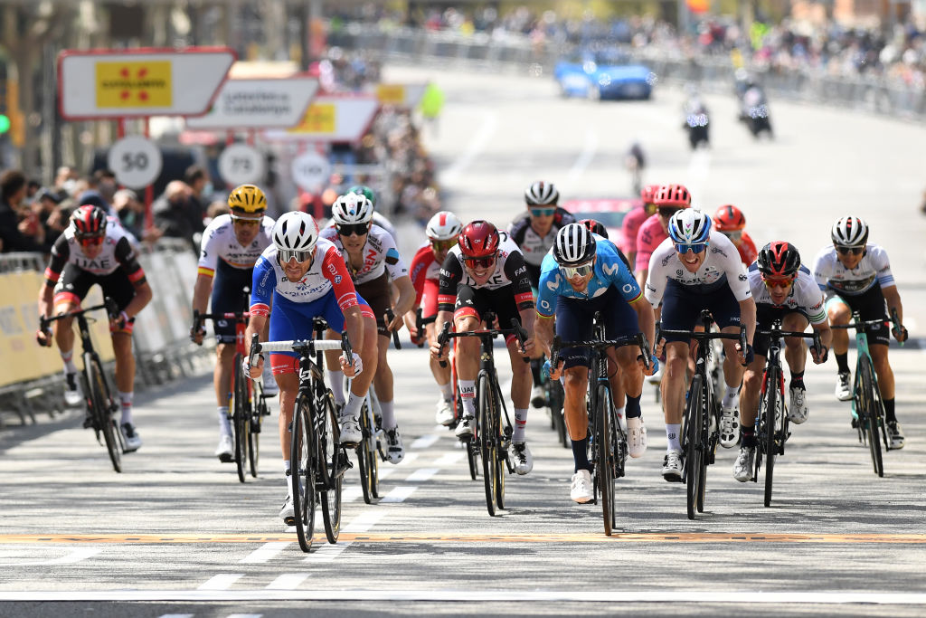 BARCELONA SPAIN  MARCH 28 Arrival  Sbastien Reichenbach of Switzerland and Team Groupama  FDJ Marc Hirschi of Switzerland and UAE Team Emirates Alejandro Valverde Belmonte of Spain and Movistar Team  Michael Woods of Canada and Team Israel StartUp Nation  during the 100th Volta Ciclista a Catalunya 2021 Stage 7 a 133km stage from Barcelona to Barcelona  VoltaCatalunya100  on March 28 2021 in Barcelona Spain Photo by David RamosGetty Images