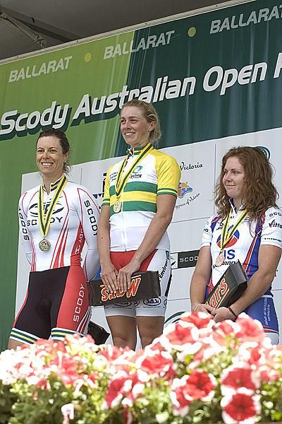 The women's open road TT podium (l-r): Bridie O'Donnell (2nd), Amber Halliday (1st), and Carly Light (3rd).