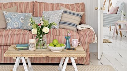 Pallet coffee table with silver tea tray on top