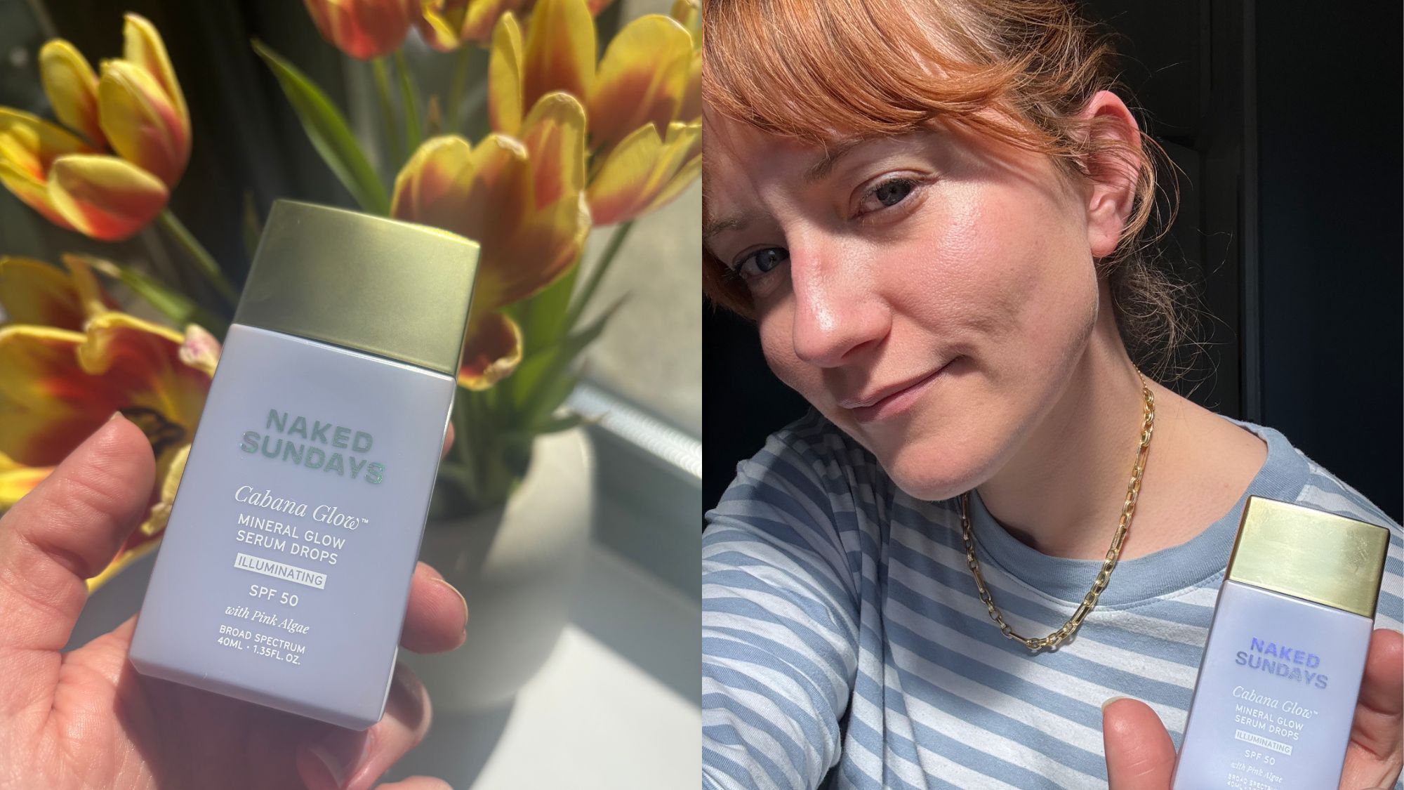 A composite of matilda headshot with a bottle of the naked sundays spf serum