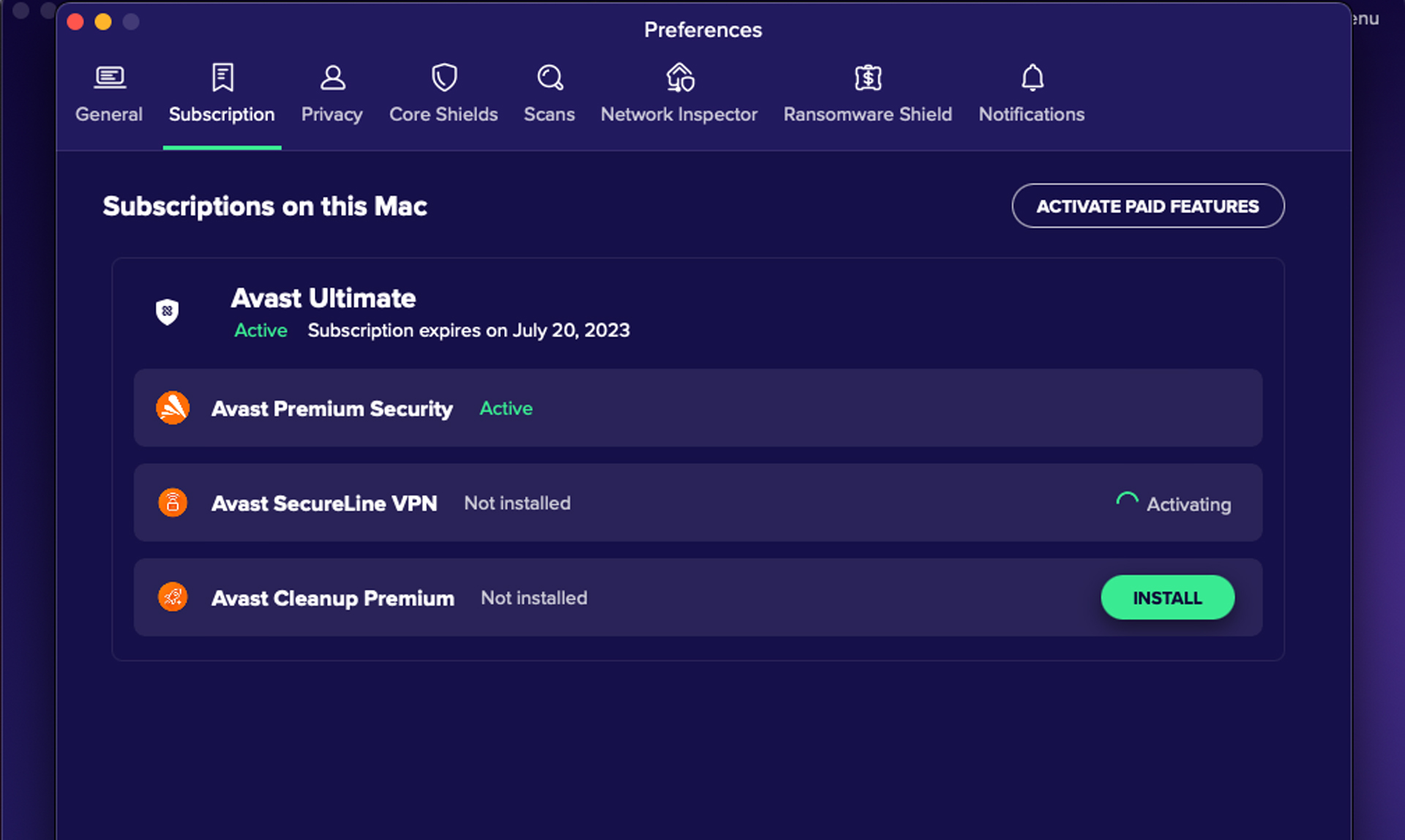 Avast Security Premium app screen shot