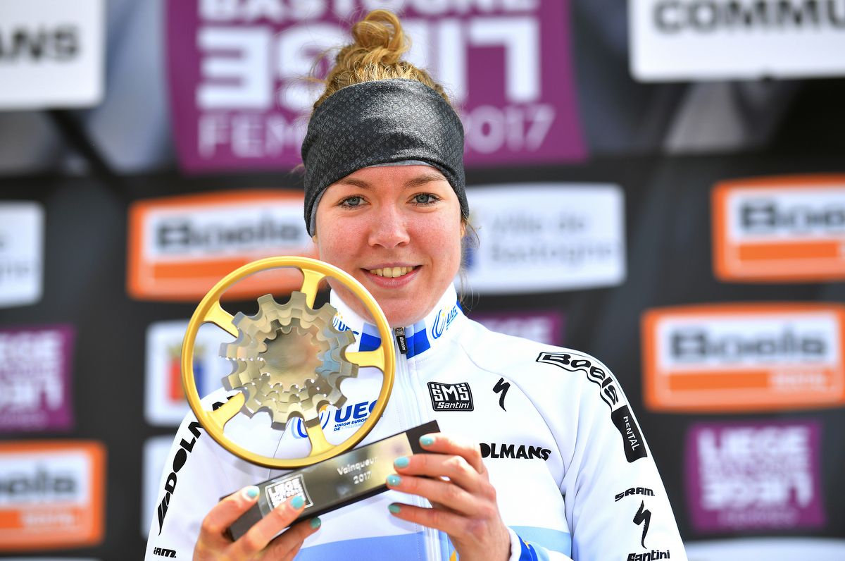 Anna van der Breggen with her third trophy of the week