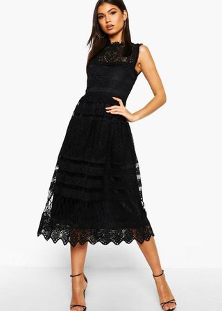 Boohoo Boutique Lace Skater Dress - an example of a black dress suitable for a wedding