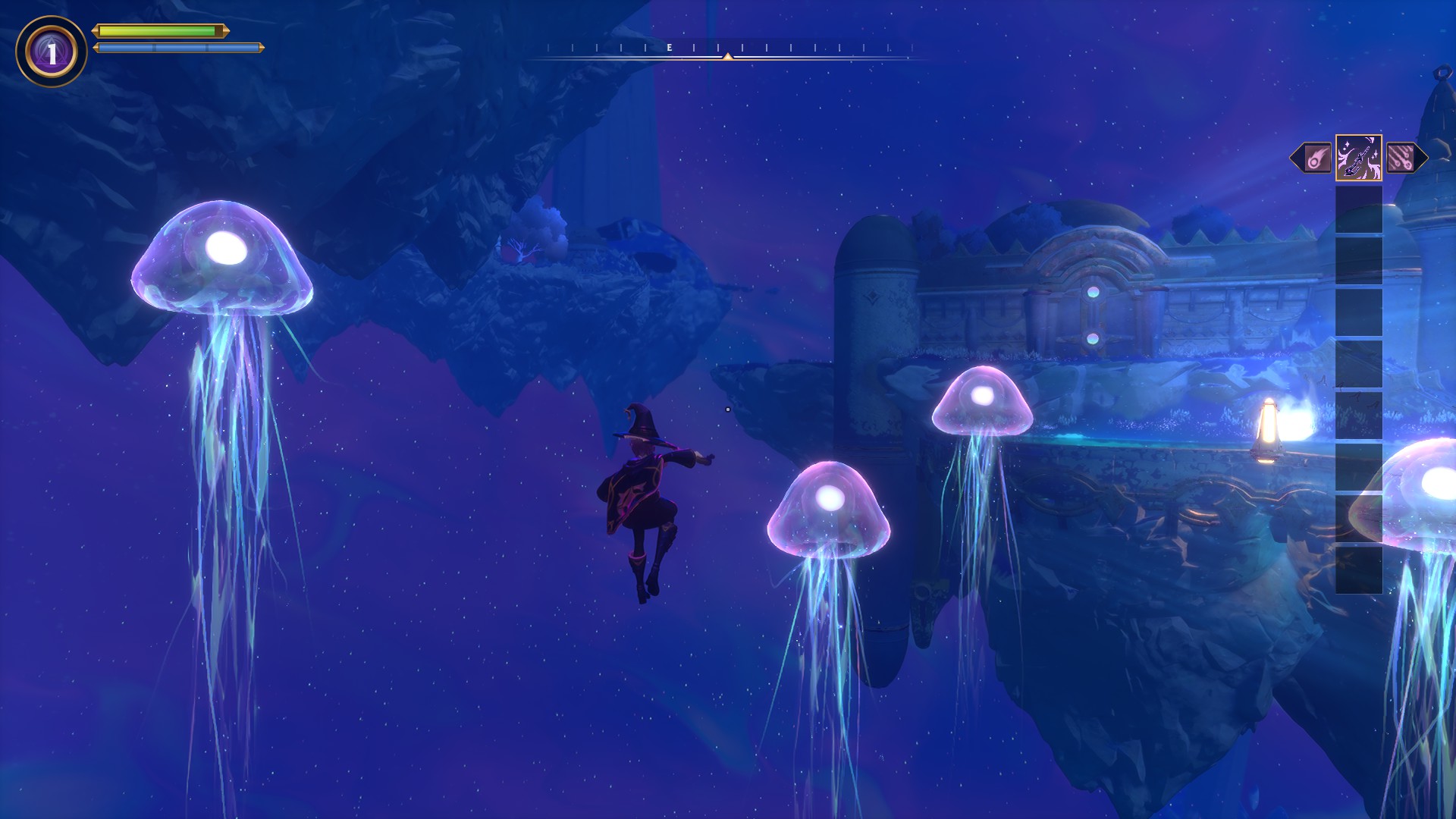 Various screenshots from Witchspire, displaying gameplay elements such as crafting, survival, and combat.