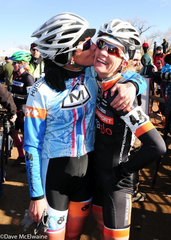Fellow Boulderites Nicole Duke and Kristen Weber congratulating each other at the finish