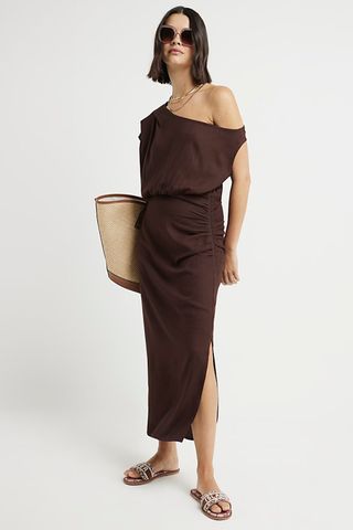 River Island Brown Linen Blend Ruched Bodycon Midi Dress