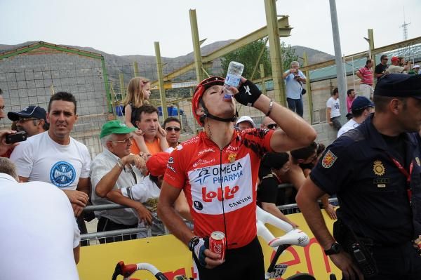 Thirsty work. Philippe Gilbert (Omega Pharma-Lotto) cools down after the stage.