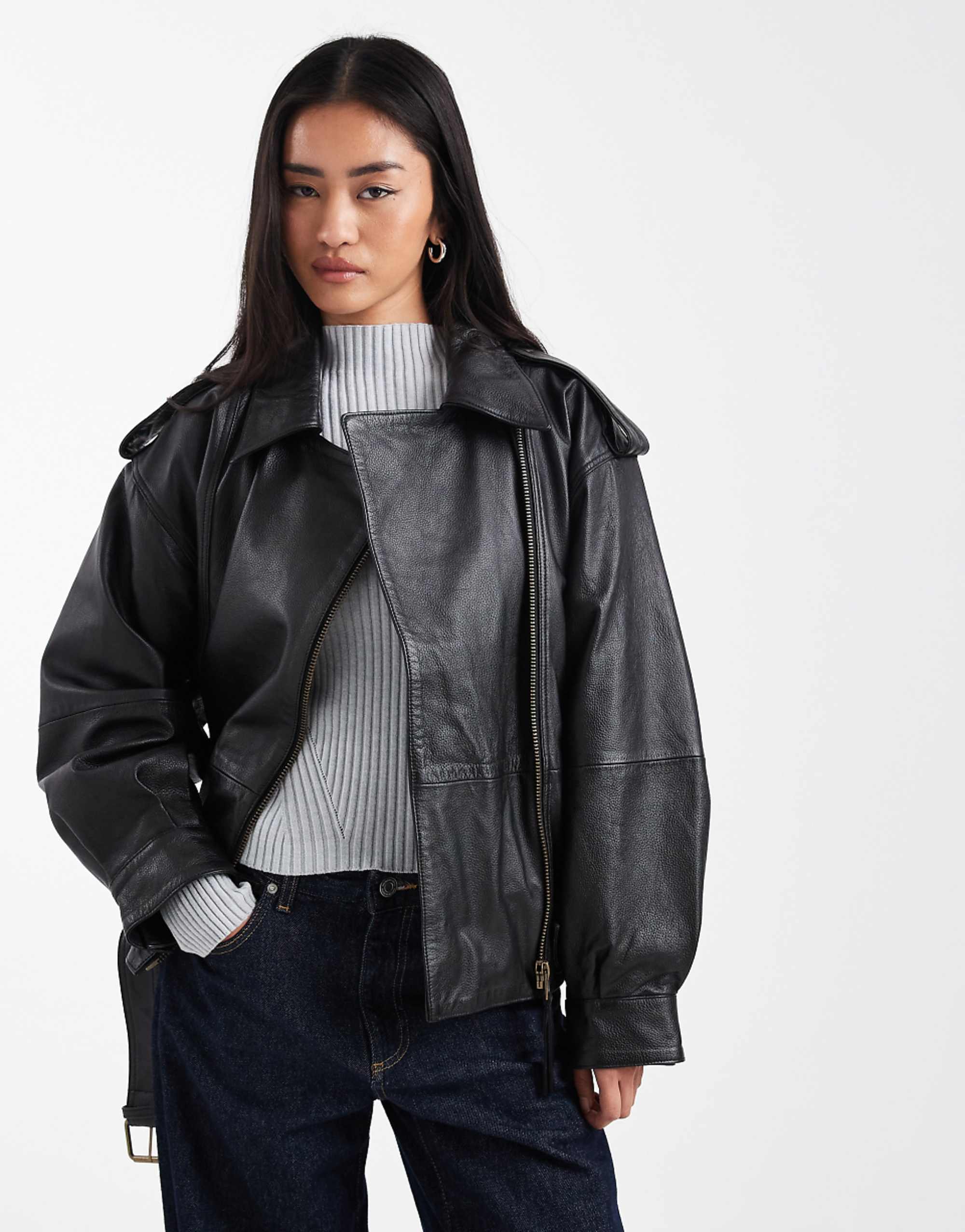 Asos Design Real Leather Oversized Biker in Black
