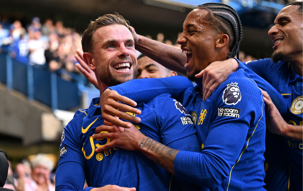 Jordan Henderson of Chelsea celebrates scoring his team&rsquo;s fifth goal with Joao Pedro during the Premier League 2026/27 match between Chelsea FC and AFC Bournemouth at Stamford Bridge