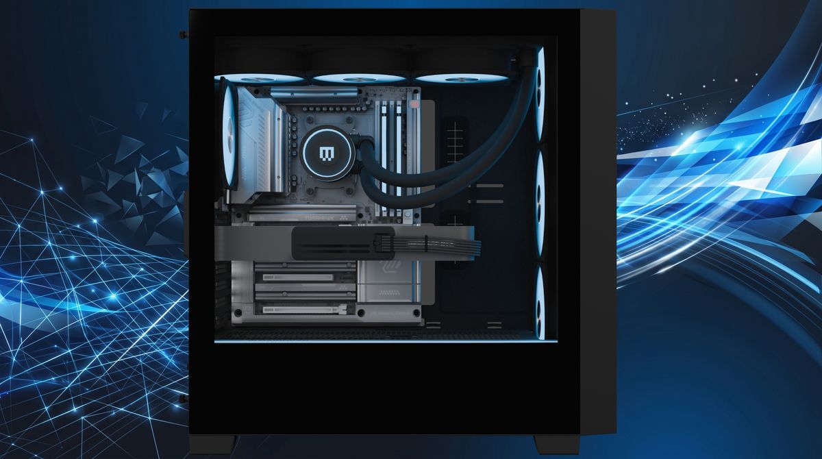 A sleek, open computer case with LED-lit fans and liquid cooling system, set against a digital blue, geometric background suggesting technology and innovation.