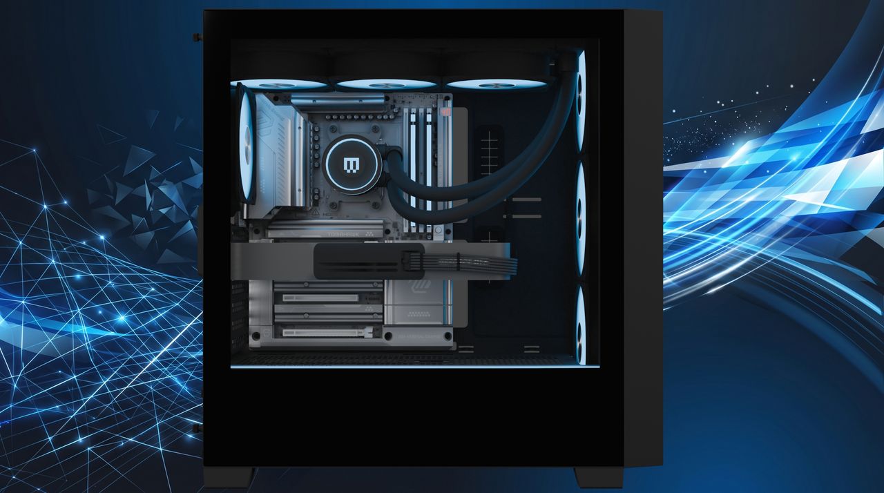 A sleek, open computer case with LED-lit fans and liquid cooling system, set against a digital blue, geometric background suggesting technology and innovation.