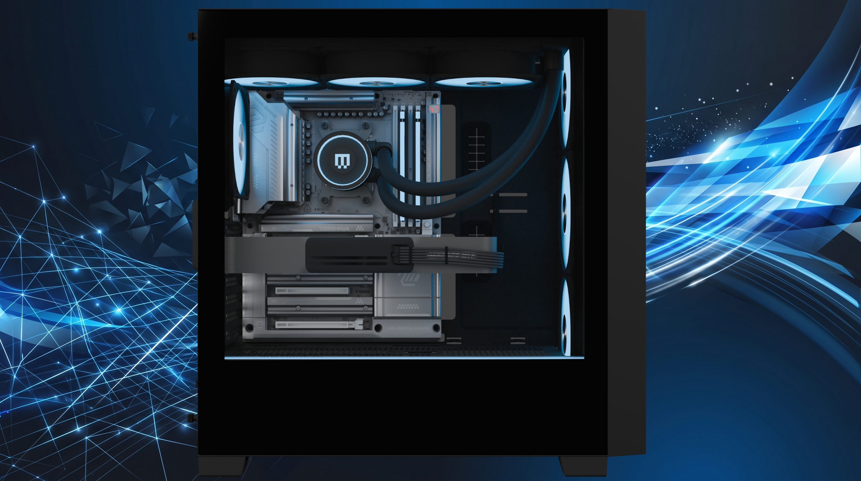 A sleek, open computer case with LED-lit fans and liquid cooling system, set against a digital blue, geometric background suggesting technology and innovation.