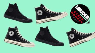 A selection of Converse shoes on a green background
