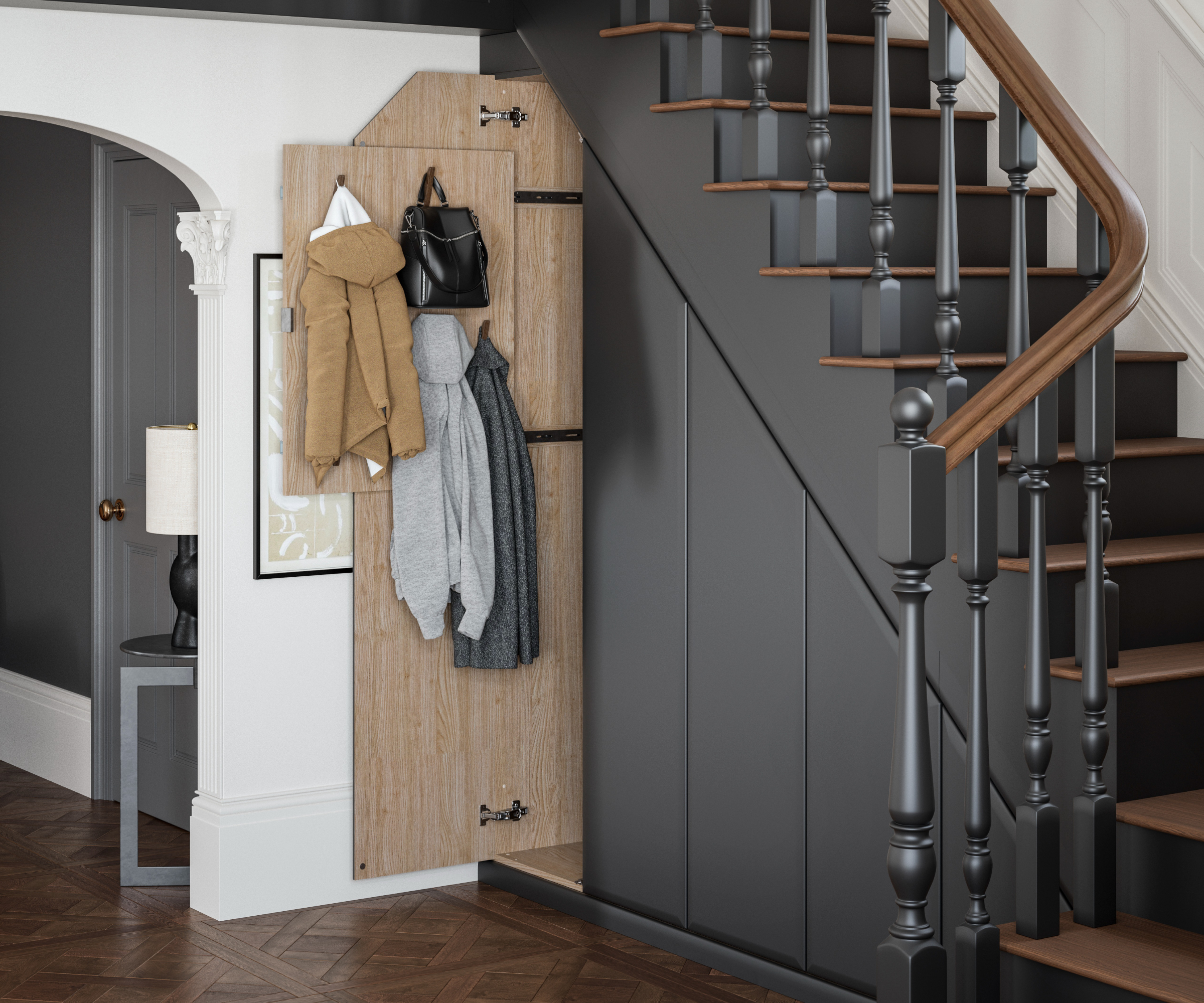 staircase with understairs storage painted in dark grey with wooden treads and bannister