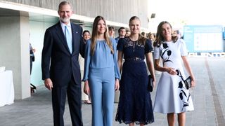 King Felipe VI of Spain, Queen Letizia of Spain, Crown Princess Leonor of Spain and Infanta Sofia of Spain attend the Princess of Girona Awards 2024