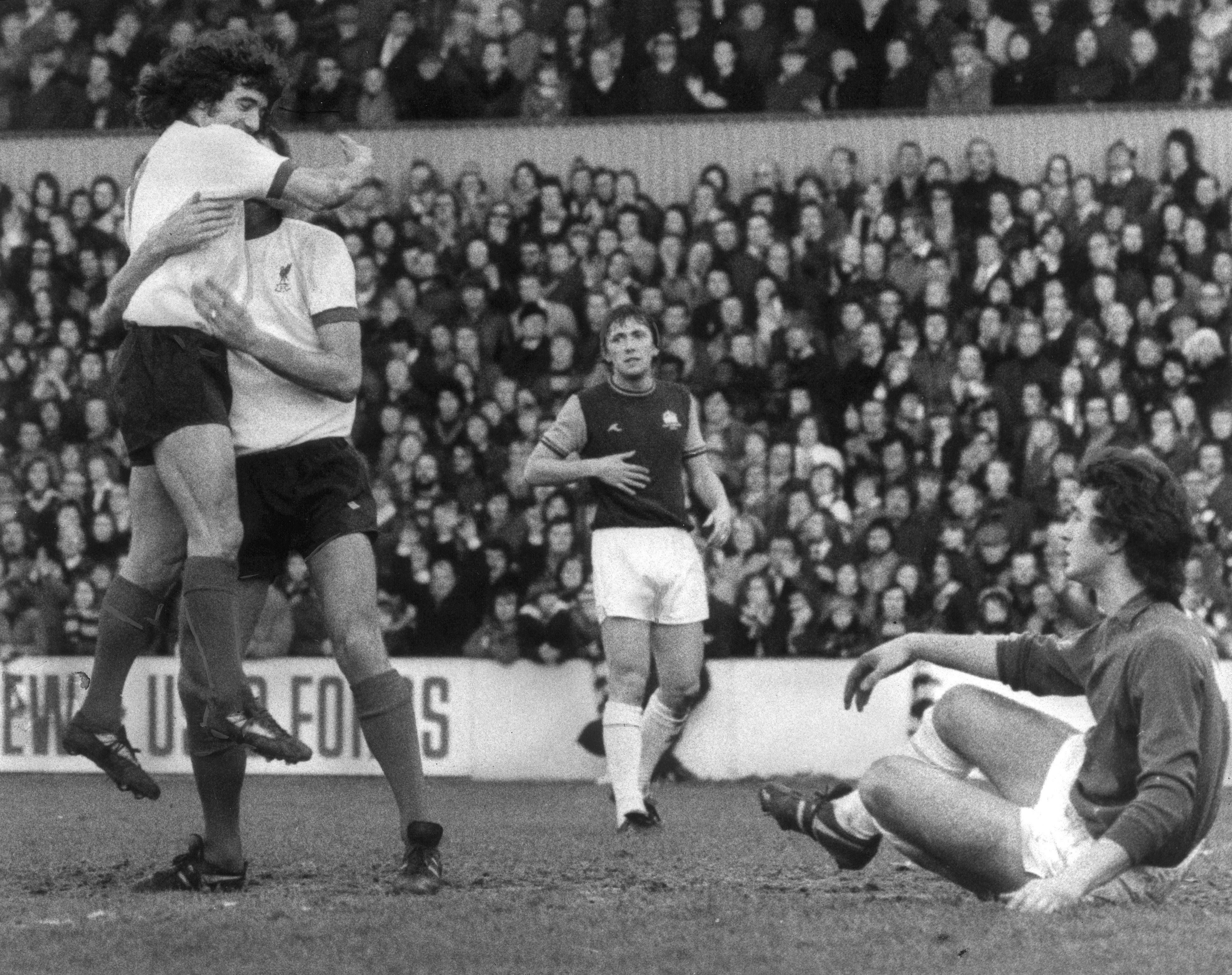 John Toshack and Kevin Keegan celebrate a Liverpool goal against West Ham in January 1976.