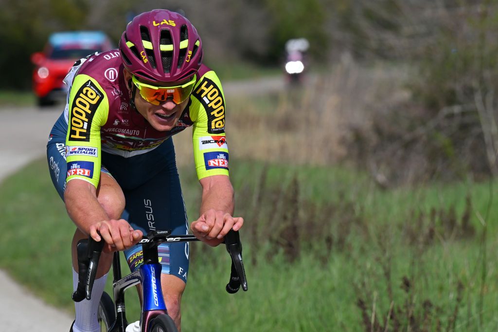 FOLLONICA ITALY MARCH 05 Jan Stockli of Switzerland and Team CorratecVini Fantini attacks in the breakaway during the 59th TirrenoAdriatico 2024 Stage 2 a 198km stage from Camaiore to Follonica UCIWT on March 05 2024 in Follonica Italy Photo by Tim de WaeleGetty Images