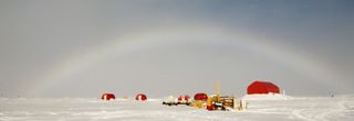 A rare rainbow over the NEEM drilling site in July 2012 in Greenland.