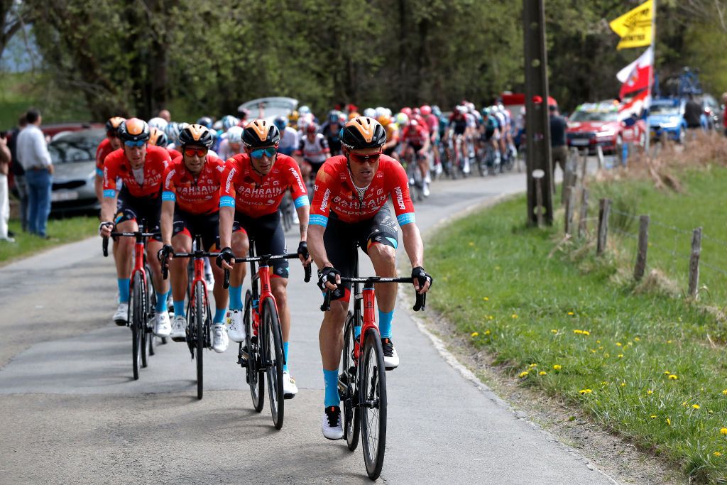 LIEGE BELGIUM APRIL 24 LR Damiano Caruso of Italy and Luis Leon Sanchez Gil of Spain and Team Bahrain Victorious lead the peloton during the 108th Liege Bastogne Liege 2022 Mens Elite a 2572km one day race from Lige to Lige LBL WorldTour on April 24 2022 in Liege Belgium Photo by Bas CzerwinskiGetty Images
