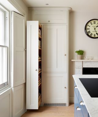 An example of kitchen storage ideas showing a cream floor to ceiling pull-out cabinet