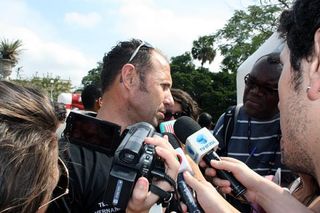Brazil's national team coach Ternico Hernandes talks to the media following the conclusion of the Tour do Rio