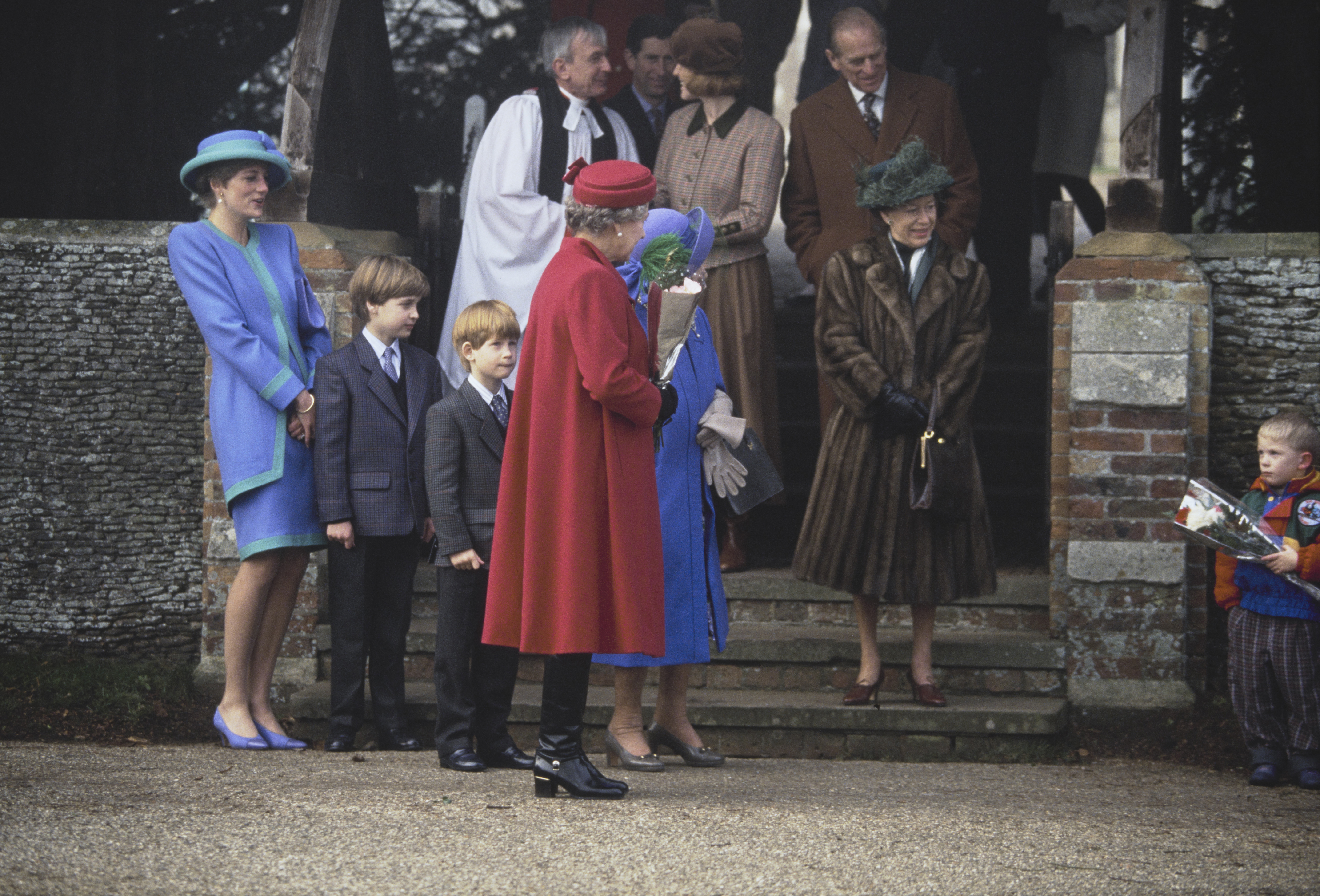 Princess Diana, Prince William, Prince Harry, Queen Elizabeth and Princess Margaret standing outside church on Christmas Day 1991