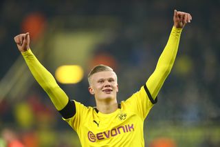 Erling Haaland celebrates a goal for Borussia Dortmund against FC Koln in January 2020.