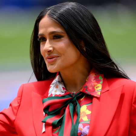 Salma Hayek opened the 2026 World Cup in a custom strawberry red suit from Gucci