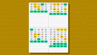 Quordle daily sequence answers for game 696 on a yellow background