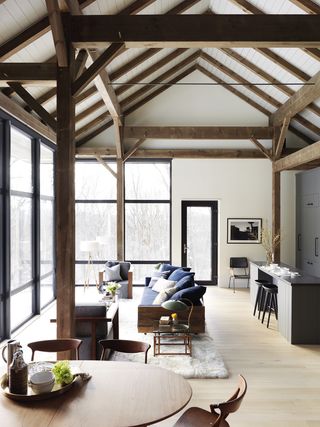 high ceilinged barn-style living room with wood vaults