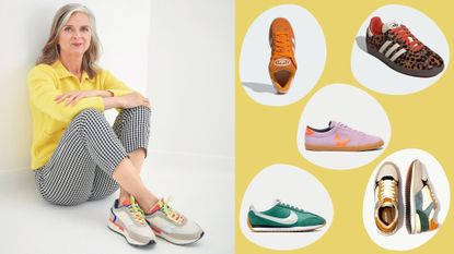 A split image shows Alyson Walsh wearing colourful trainers, a yellow knitted top and checked trousers; on the right are five pairs of colourful trainers