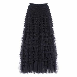 A cutout of a black Needle & Thread Hattie Ruffle Ankle Skirt against a white background