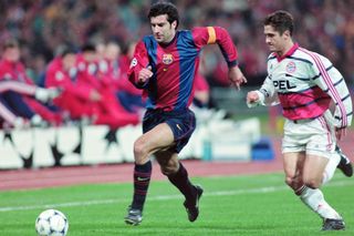 Barcelona's Luis Figo competes with Bayern Munich's Bixente Lizarazu in a Champions League clash in 1998.