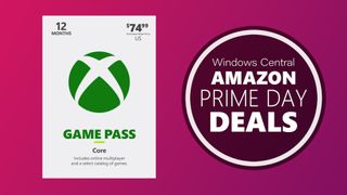 Xbox Game Pass Core voucher on a gradient background for an Amazon Prime Day deal.