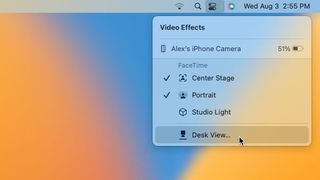 The Control Center menu bar item in macOS Ventura showing Desk View selected as one of the Continuity Camera settings.