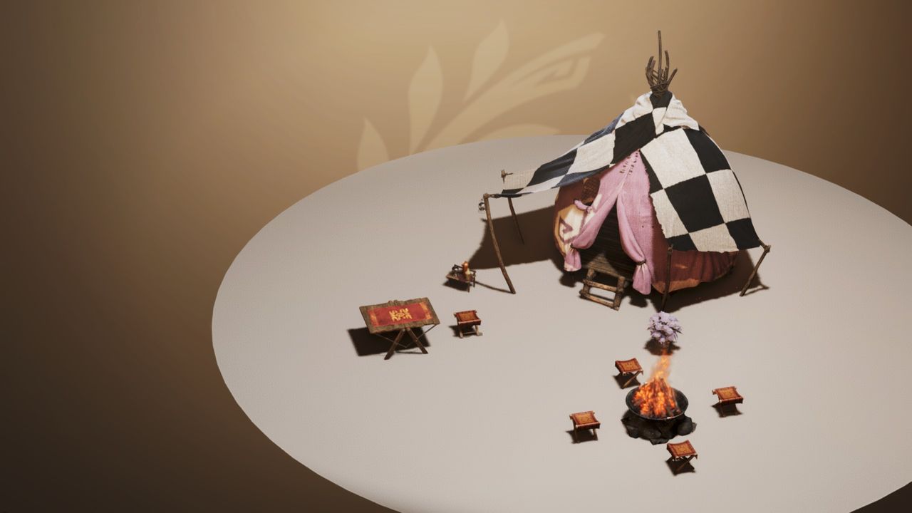 A Pop-up Camp in Monster Hunter after it's been customized, this one has a pink tent with a fire and a grill outside.