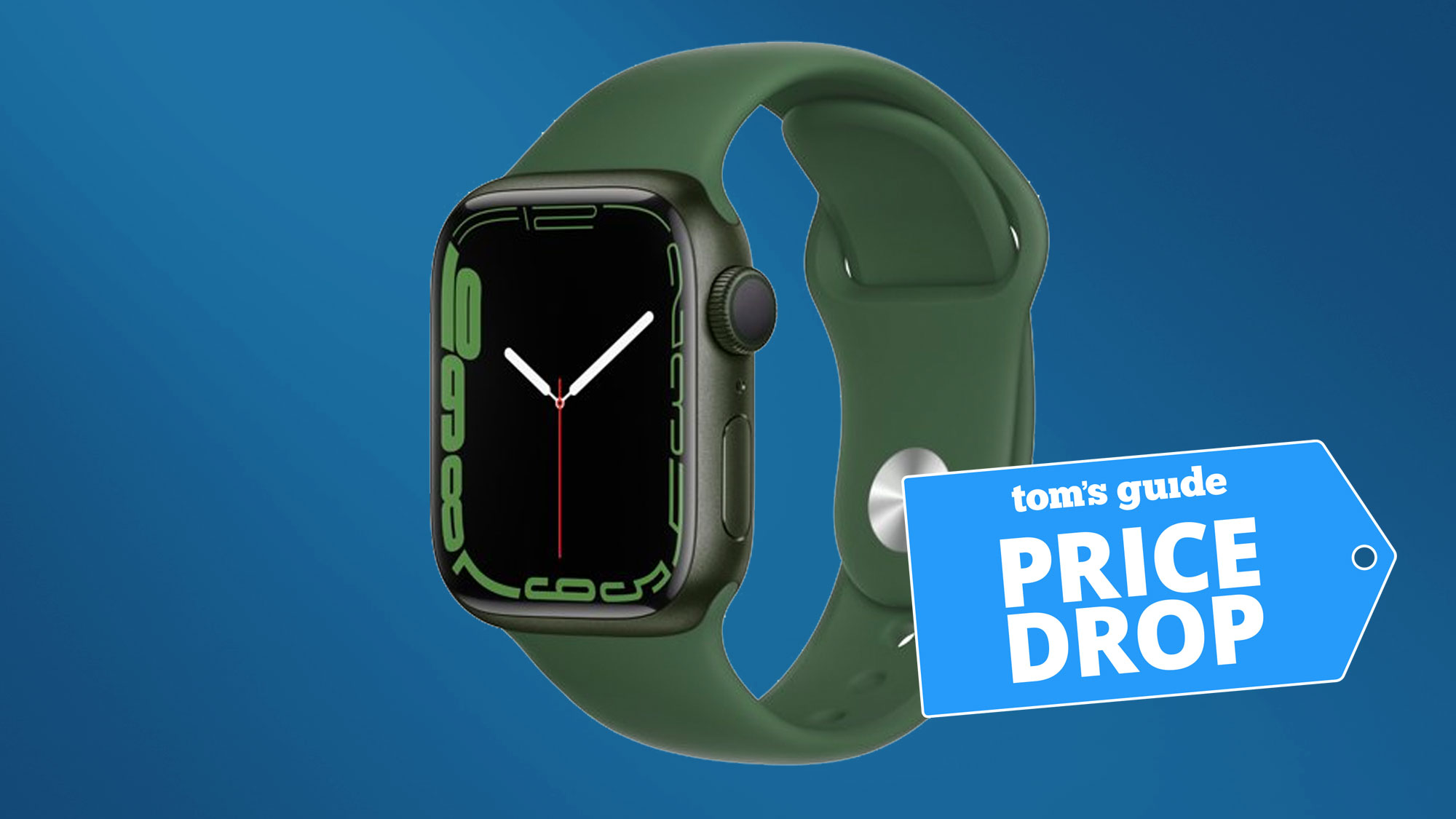 Green Apple Watch 7 on dark blue background