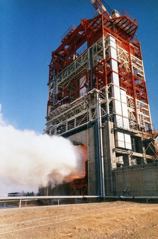 Apollo 11's Saturn V third stage, S-IVB-506N, is test-fired at Douglas Aircraft Co.'s Sacramento, California, test facility on July 17, 1968.