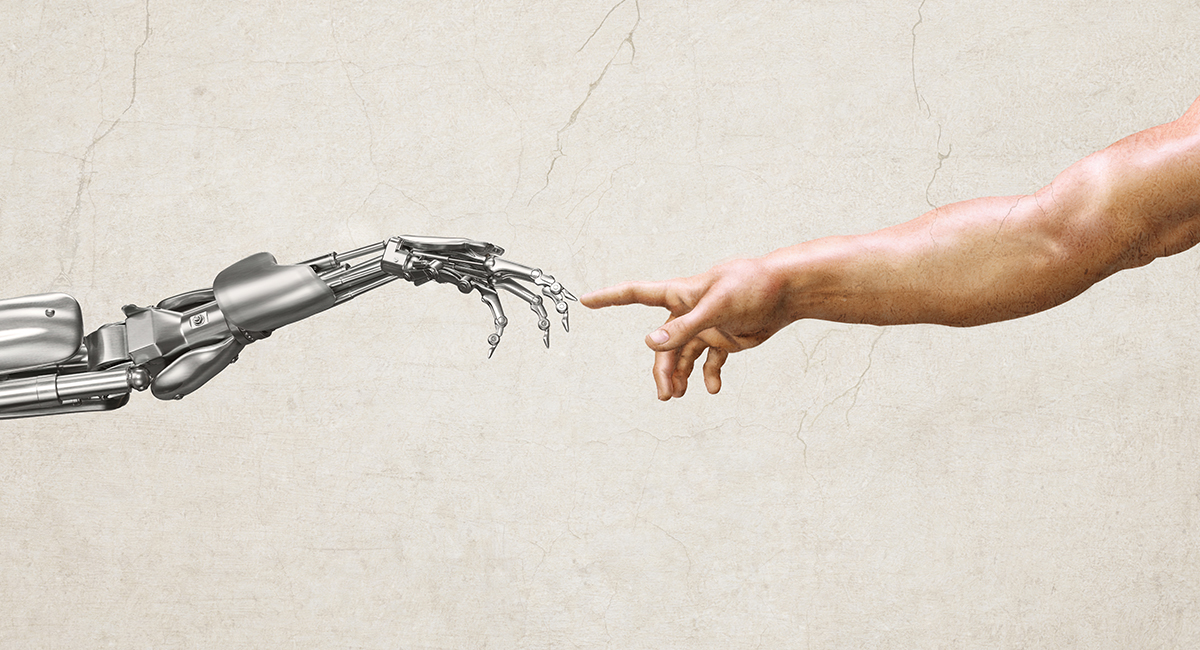 a human hand reaching out to touch a robot hand