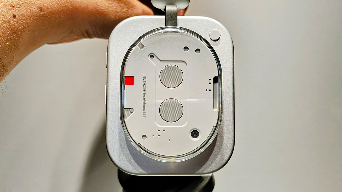 Nothing Headphone 1 review; the side of a transparent headphone